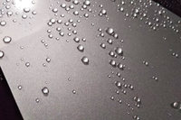 編集部駐車場にて、シルバーストライプの上をこぼれる水玉の図。施工後初のドライブはあいにくの雨となったが、ボディーが水をはじくさまは、見ていて気持ちよかった。