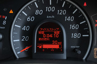 「マーチ」として初めて、アイドリングストップ機能が搭載された。メーター内の表示窓には、エンジン停止時の累計時間や節約できた燃料量が表示される。