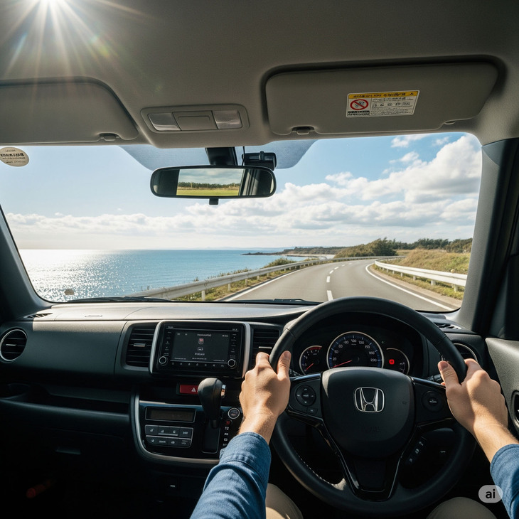 「『ホンダN-BOX』のドライバーからの視点」をメインに指示したのだが、インテリアは実車とまるで異なる。北米発GoogleのAIゆえか、特に指定しないと“N-BOX”と明記しても左ハンドルで生成されてしまう。