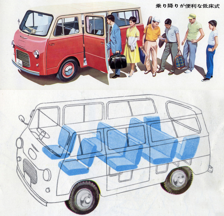 1960年「日野コンマース ミニバス」（10人乗り）とそのシートレイアウト。全長×全幅×全高＝3930×1690×1880mmというサイズのボディーに10人を乗せ、パワーユニットは最高出力28PSの836cc直4 OHV……いったいどんな走りをみせたのだろうか。これは5ナンバー登録だが、2ナンバー（小型バス）の11人乗りもあった。