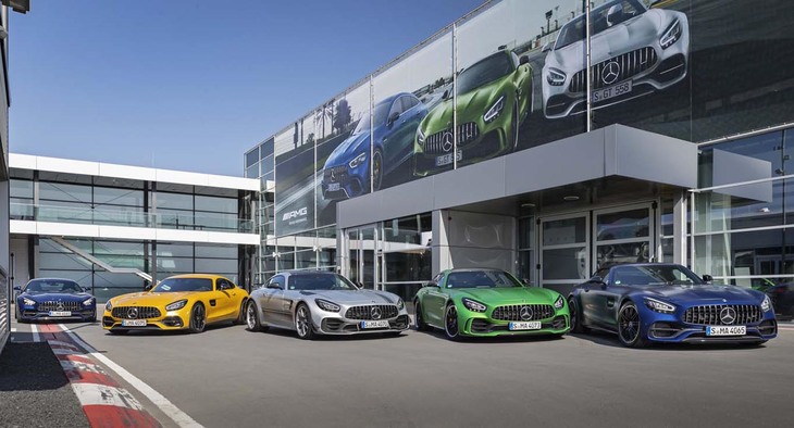 試乗会場にずらりと並んだ「AMG GT」シリーズ。仕様変更された最新モデルは、日本では2019年8月以降にデリバリーされる。