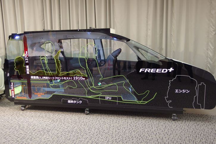 「フリード＋（プラス）」のカットモデル。IPU（インテリジェントパワーユニット）を従来の3列目から1列目シート下に移したことで、荷室と室内空間が広げられた。