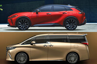 「クラウン スポーツ」と「アルファード」のサイドビュー。渕野氏の言うオロイドのモチーフが逆向きに使われている。