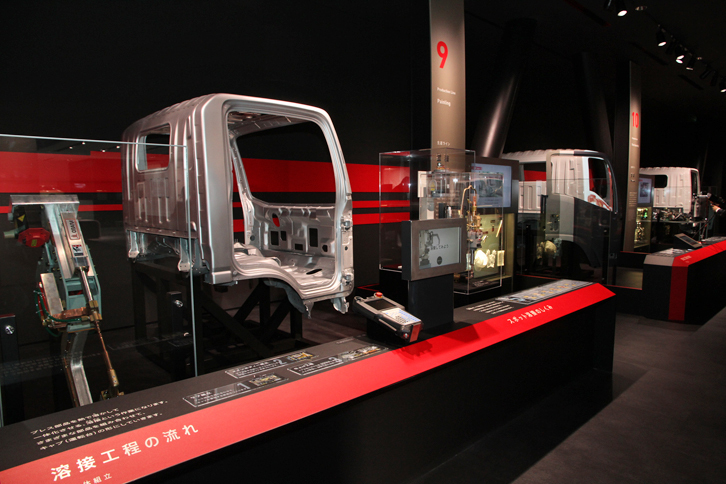 「いすゞのくるまづくり」紹介コーナーには、現物を使った各工程に関する展示もある。これは溶接工程を解説した部分。