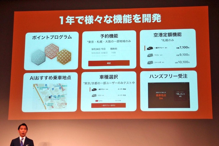 これまでもシステム開発を進め、ユーザーが使いやすい機能を追加してきたとアピールするDiDi。同社の菅野圭吾副社長（写真左下）によれば、その開発スピードは業界でも飛び抜けて速く、今後ますますの発展が期待できるという。