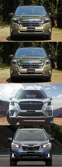 上から順に、新型「フォレスター」と、同写真をベースに清水氏の要望にそって加工したもの、5代目フォレスターの後期型、そして5代目フォレスターの前期型。　
	ほった「……5代目後期型のフロントマスクを『小手先だ！』って言ってたの、清水さんですよね？」