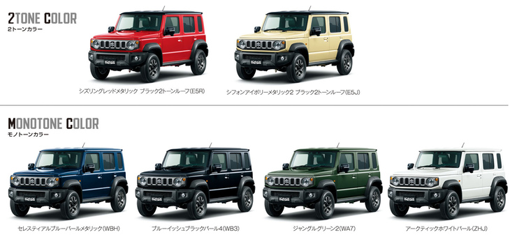 「ジムニー ノマド」のカラーバリエーション。