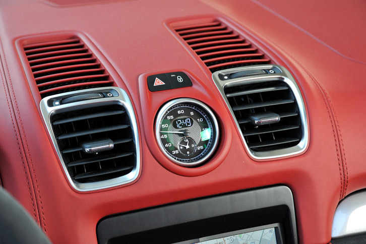 「ボクスター スパイダー」には走行モード切り替え機構やストップウオッチなどからなる「スポーツクロノパッケージ」が標準装備される。