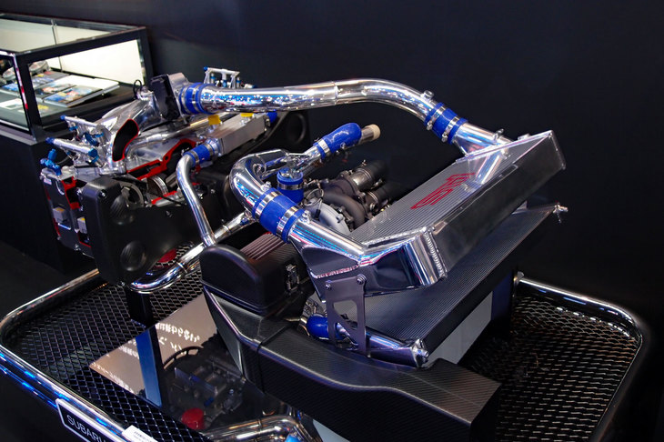 2017年の東京オートサロンにて、スバル／STIのブースに展示された「BRZ GT300」のエンジン。