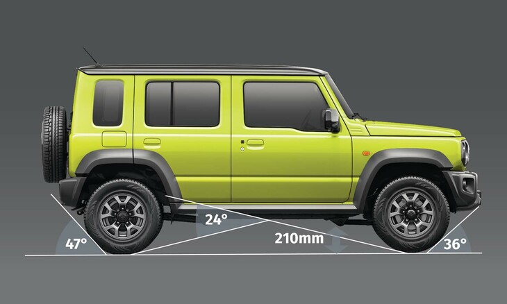 アプローチアングルは36度でデパーチャーアングルは47度、ランプブレークオーバーアングルは24度。