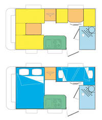 トレーラーのレイアウトを示す図。左が前になる。ドアを開けて入ってすぐ左にガスコンロ、右にトイレ＆シャワー、左奥にU字型“ダイネット”がある。下の図はダイネットをベッドに変化させた夜仕様。ベージュの部分はクローゼット。