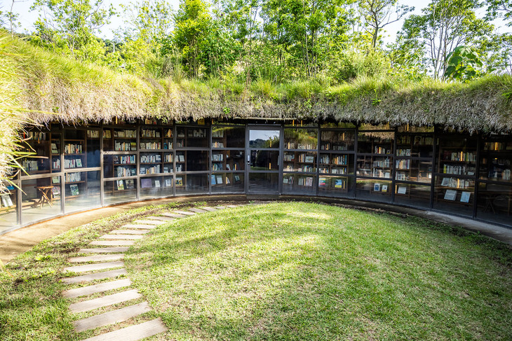 広さ30ヘクタール、東京ドーム6.5個分のスペースを擁するクルックフィールズは2019年7月にオープン。場内には草間彌生をはじめとする国内外の作家によるアート作品が点在する。写真は木や草花が生い茂る土の下にひっそりと隠されたように存在し、洞窟のように横たわる「地中図書館」と呼ばれるユニークな施設。