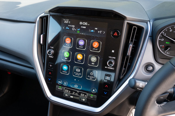 現行型「レヴォーグ」から導入された、11.6インチのセンターディスプレイ。このディスプレイを核としたインフォテインメントシステムは、上級グレードに標準で、下位グレードにオプションで用意される。
