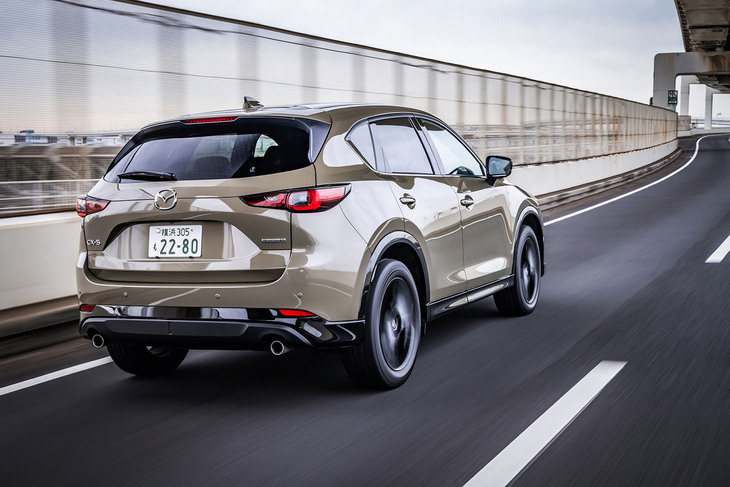 前後バンパーのガーニッシュや前後フェンダーのクラッディング、ピラーガーニッシュ、ホイールなどをブラックで統一。ほかの「CX-5」と異なるカラーコーディネートが「レトロスポーツエディション」の外装上の特徴である。