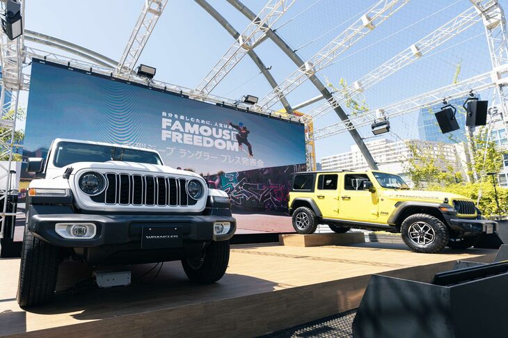 2024年5月に行われた「ジープ・ラングラー」マイナーチェンジモデルの発表会より。ステランティスがZ世代向けに行ったアンケート調査によると、ラングラーは若者が購入を検討する輸入車SUVの第1位（全体でも8位）に輝いたとか。そんなわけで、発表会も若者に人気の渋谷・宮下公園で催された。