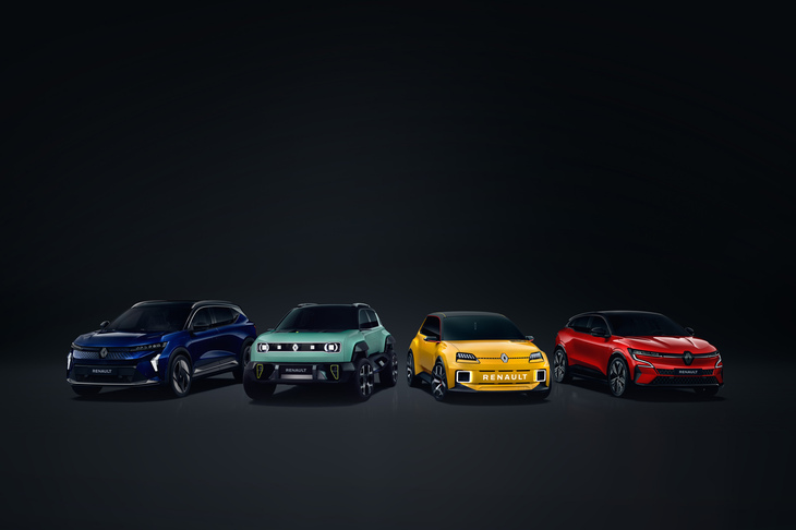 ルノーが設立したBEVを手がける新会社アンペア（Ampere）のBEVラインナップ。左から「セニックE-TECHエレクトリック」「4ever（フォーエバー）」「5（サンク）」、そして「メガーヌE-TECHエレクトリック」。