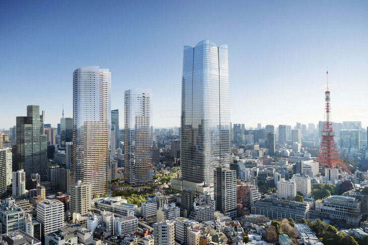 こちらは麻布台ヒルズの完成予想CG。約8.1haの計画区域に約2万4000m²の緑が広がり、延床面積約86万1700m²の空間にオフィスや住宅、商業施設、文化施設、教育機関や医療機関など多様な都市機能が集約されるという。