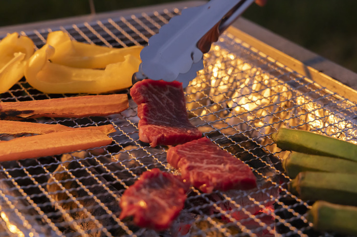 クルマで30分も離れたスーパーで仕入れた牛肉を焼く。パプリカなどの野菜は郡カメラマンがカットしてくれた。