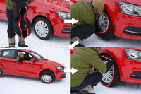 本体をタイヤにかぶせ、タイヤを半回転させて残りの部分もかぶせれば装着完了という手軽さは布製ならでは。折りたためるため置き場所に困らないのもうれしい。