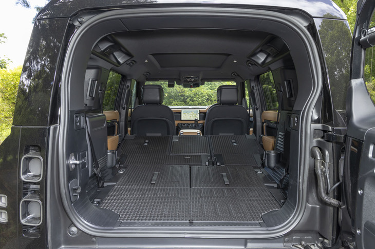 「ディフェンダー110」の2列目と3列目シートを折りたたんだ荷室の様子。容量は3列目シート使用時の231リッターから最大で2233リッターに拡大できる。床面がほぼフラットになるのも同モデルの特徴だ。リアゲートはディフェンダーの伝統で、右ヒンジの横開きになっている。