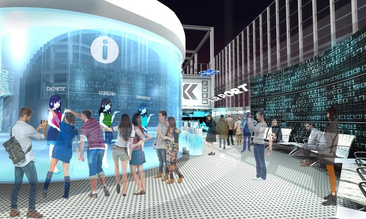 「未来の日本に入国体験」できるといううたい文句の「FUTURE EXPO」。エントランスではバーチャルキャラクターによる入国案内が行われる。