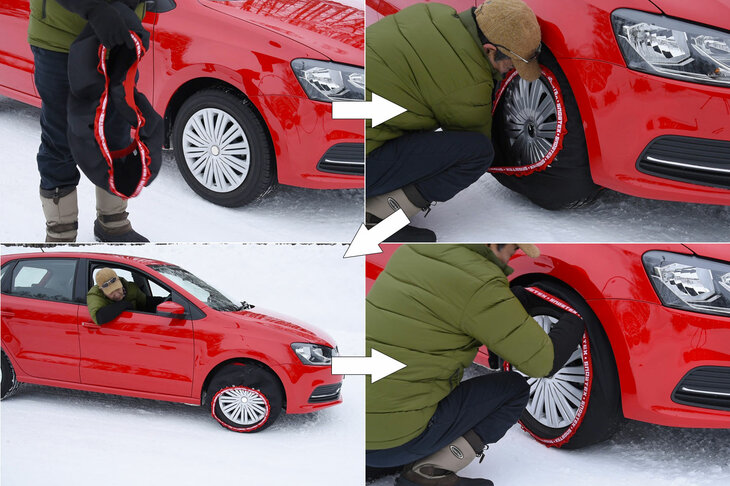 本体をタイヤにかぶせ、タイヤを半回転させて残りの部分もかぶせれば装着完了という手軽さは布製ならでは。折りたためるため置き場所に困らないのもうれしい。