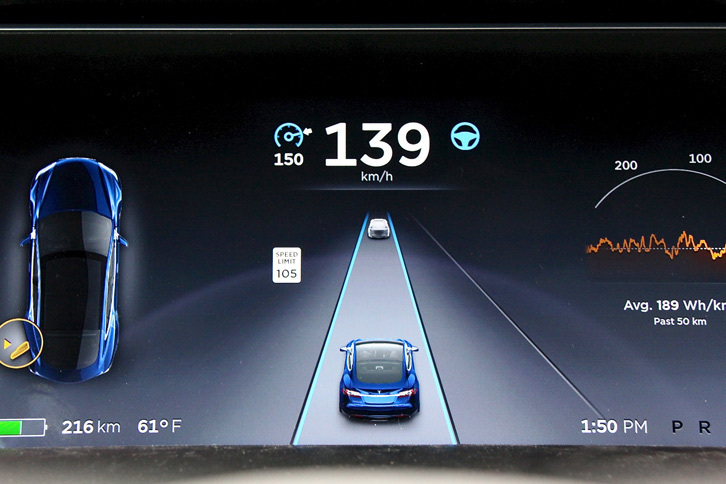 「テスラ・オートパイロット」が作動すると、車速の左右に表示されるメーターとステアリングホイールのマークが、ブルーに変化する。