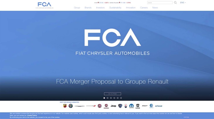 FCAのウェブサイトから。ルノーに対し、経営統合を提案したことが大きく表示されている。2019年6月1日。