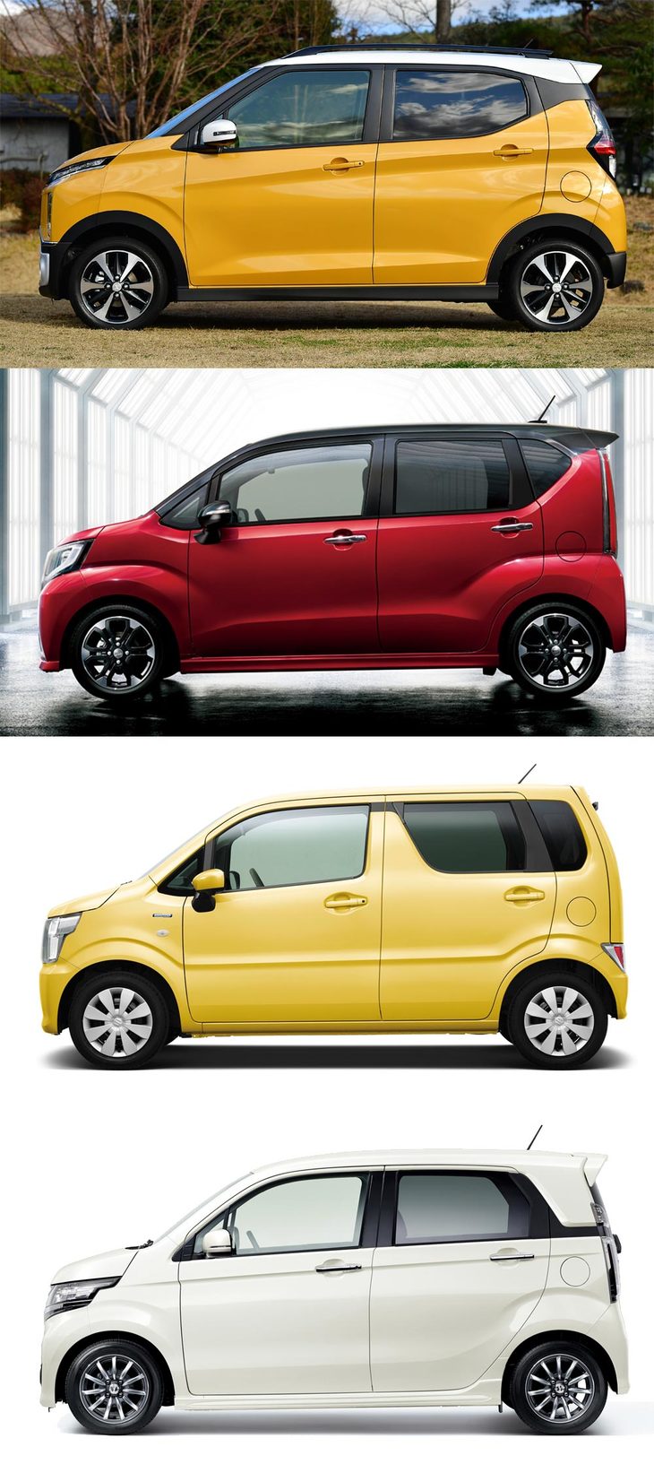 上から順に、「三菱eKクロス」「ダイハツ・ムーヴ カスタム」「スズキ・ワゴンR」「ホンダN-WGNカスタム」。
	ほった：「『eKクロス』だけ写真だったり、『ワゴンR』だけカスタム仕様じゃないことはご容赦ください」