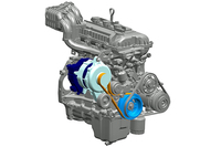 水色と紺色で描かれているのが「ISG」。従来のオルタネーターと同じ位置に搭載されている。