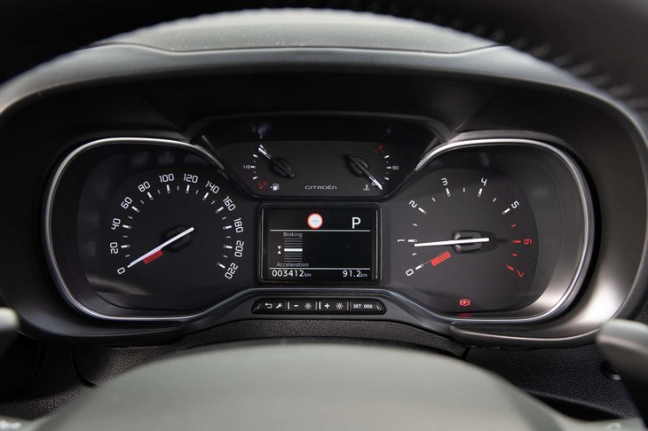 メーターパネルは質実剛健な針式の2眼タイプ。エンジン回転計（右）のレッドゾーンは5500rpmから。