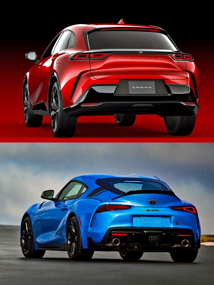 「クラウン スポーツ」（上）と「GRスープラ」（下）のリアビュー。左右が垂れ下がったような意匠は両者に共通している。