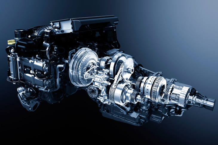 2.4リッター車に搭載される「スバルパフォーマンストランスミッション」。チェーン式CVTという基本構造は「リニアトロニック」と同じだが、より大きなトルクにも耐えられるほか、ステップ変速時のシフトスピードも速くなっている。