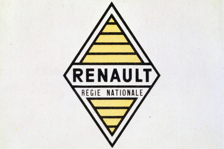 第2次世界大戦後、ルノーは国有化され、1990年まで公団としてフランス政府によって経営がなされた。写真はルノー公団（Regie Nationale des Usines Renault）時代のロゴ。