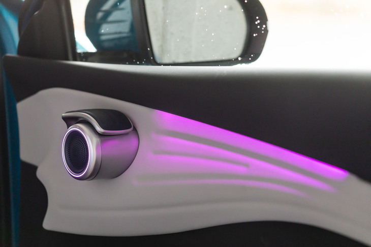 ドアの内張などには独自のパターンが使われる。少し癖が強いが仕事は丁寧だ。アンビエントライトはカラオケの曲に合わせて明滅する（ただのオーディオではしない）。