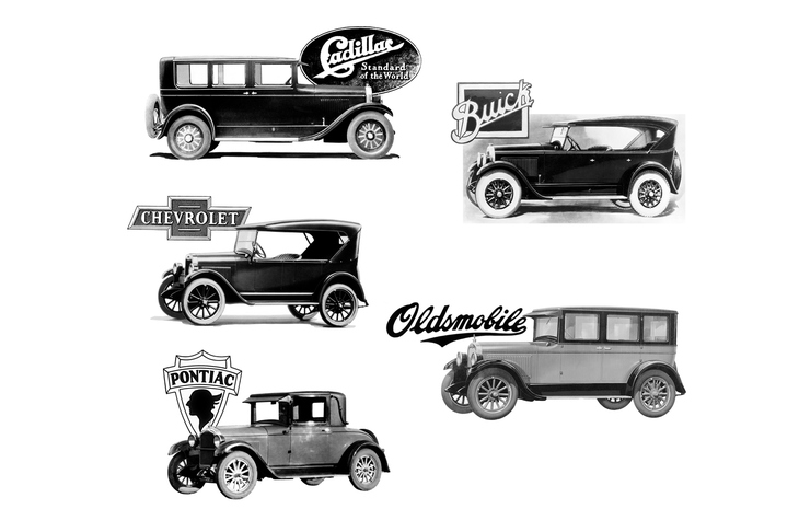 1926年時点における、GM傘下の自動車ブランド。GMはビュイックの社長だったウィリアム・デュラントが起こした持ち株会社であり、他社の買収を繰り返すことで巨大自動車グループとしての素地が築かれた。