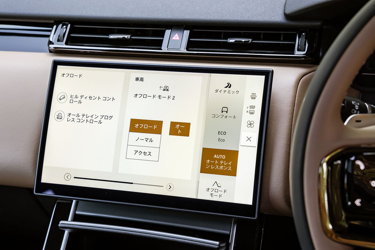 インフォテインメントシステムには13.1インチのフローティング式タッチスクリーンを用いた「Pivi Pro」を採用。この画面ひとつでエアコンやオーディオ、ナビ、ドライブモード、オフロードの走行プログラムなどをコントロールできる。