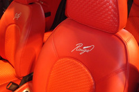 専用の刺しゅうが施されたシート。座面や背もたれ、ヘッドレストには、イントレチャート（革の編み込み）をかたどった合成皮革が採用されている。