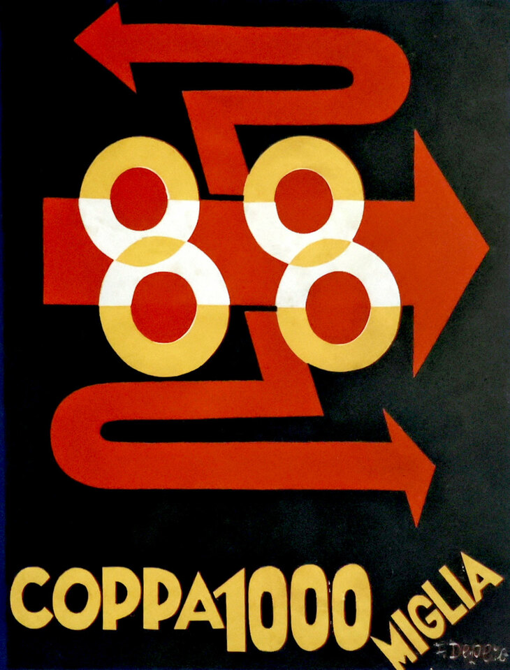 未来派芸術家のフォルトゥナート・デペーロが描いた、1928年ミッレミリアのポスター。