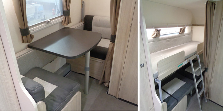 右側後方に位置するテーブルとシートのセクション。ここはなんと2段ベッドに早変わり。上段ベッドのサイズは1850×650mm。
