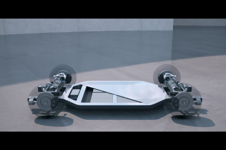 全固体電池を前提としたEVプラットフォームのイメージ。従来のEVプラットフォームに比べると、床下の電池の搭載スペースが薄くフラットになり、車両パッケージの自由度が増すことがうかがえる。