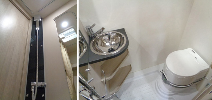 キャンピングではうれしいシャワーまで備わっている。ポータブルトイレは電動水洗式。