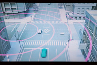 こちらは、「ITS Connect」の働きを示すスライド。道路に設置されたインフラ設備との通信を介して、自車両が直接確認できない対向車の存在などを把握し、衝突事故を未然に防ぐシステムだ。