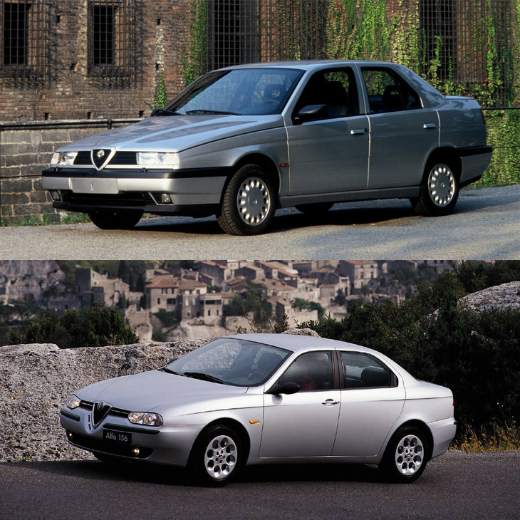 日本でも好評を博したアルファの4ドアセダン「155」（上）と「156」（下）だが、本国イタリアでの評価は対照的で、155は「棺おけみたい」とこき下ろされたとか。