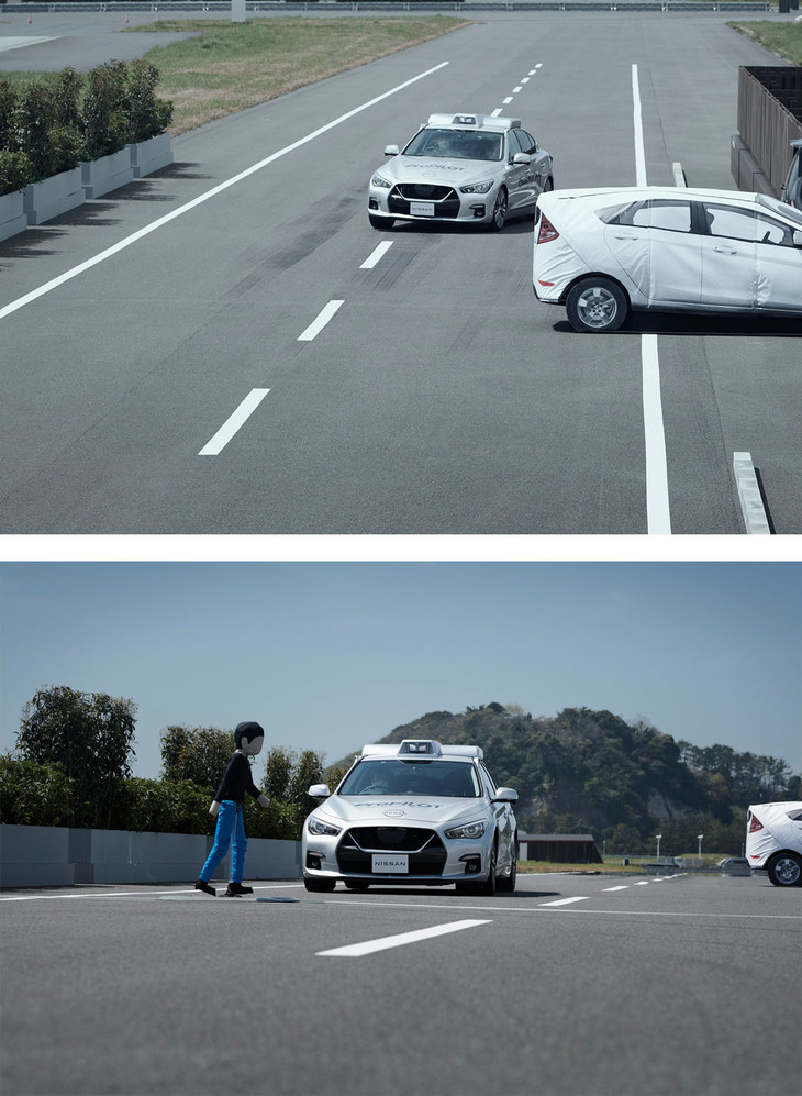 今回、日産がデモンストレーションを披露した「複雑な運転シーン」での事故回避の様子。道路脇から急にバックしてきたクルマをステアリング操作で避けたら（上）、その先で歩行者が飛び出してくる（下）というものだった。