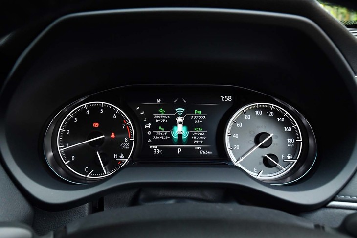 2眼タイプのメーターパネル。中央の7インチディスプレイには、運転支援システムの作動状況や燃費データなど、さまざまな情報が表示される。