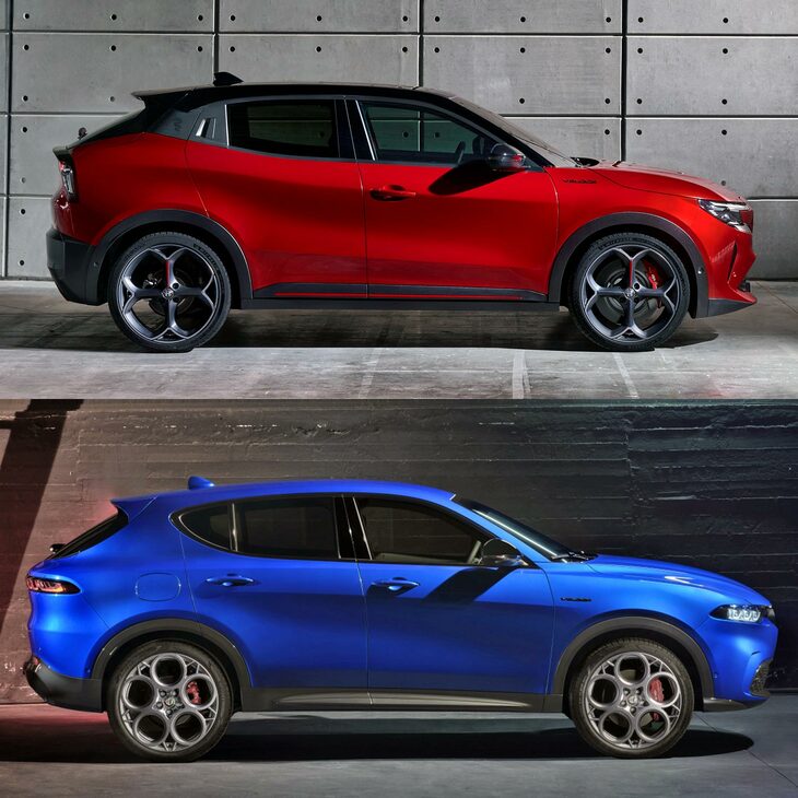 「ジュニア」（上）と「トナーレ」（下）のサイドビュー。前者は4195mmの全長に対してホイールベースは2560mm、後者は4530mmの全長に対してホイールベースは2635mm。そもそもジュニアは、トナーレと比べて、全長に対してオーバーハングの比率が小さいクルマだったのだ。