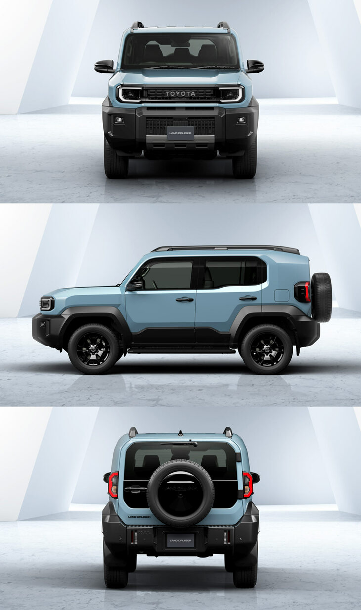 「トヨタ・ランドクルーザー“FJ”」の三面図。ロングホイールベースでショートオーバーハング、ワイドスタンスこそカッコいいという既存のカーデザインとは、趣を異にする造形となっている。