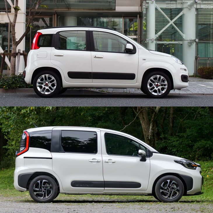 「フィアット・パンダ」（上）と「トヨタ・シエンタ」（下）のサイドビューの比較。　
	ほった「一部のグラフィックのせいでシエンタがパクリだってことになるなら、フィアットとシトロエンは、年がら年中お互いをパクリあってたことになりますよ」