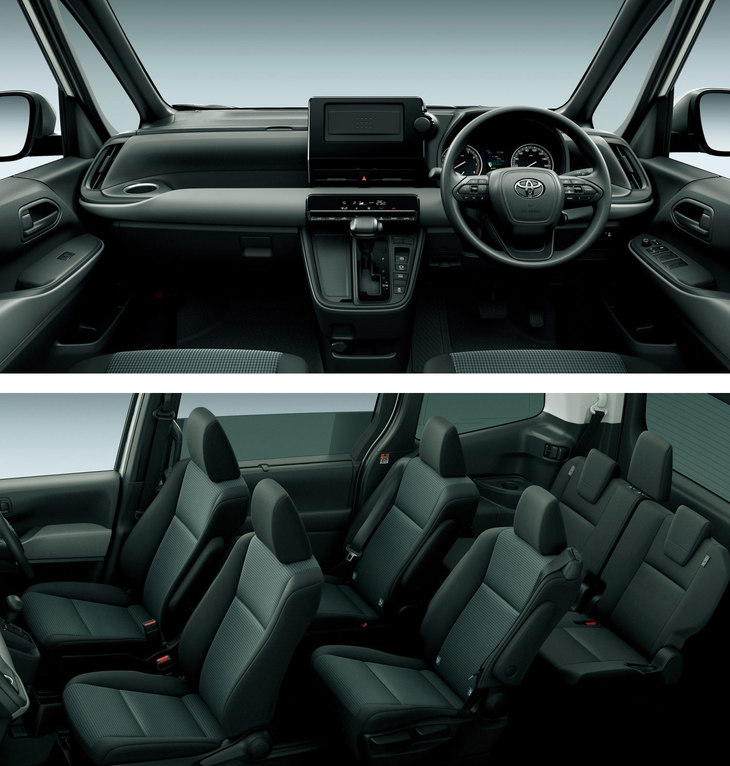 「X」グレードのインテリア。ステアリングホイールはウレタン製、シート表皮はシンプルな意匠のファブリックだ。